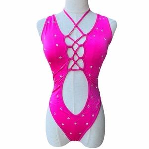 Hot Pink Cutout Rhinestone  Lace Up Thong Bodysuit (M)